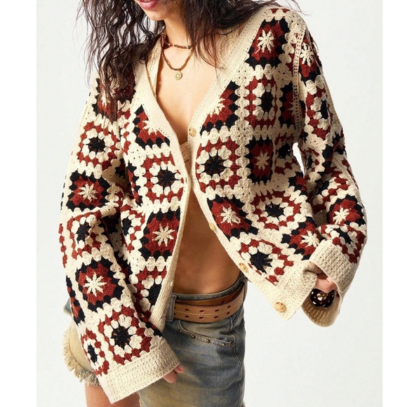 Cozy Crochet Patchwork Button Down Oversized Cardigan - Picture 4 of 7